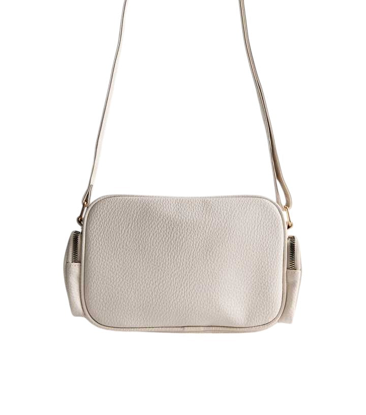 Beige Faux Leather Pocket Detail Crossbody Bag - HANDBAGG STUDIO