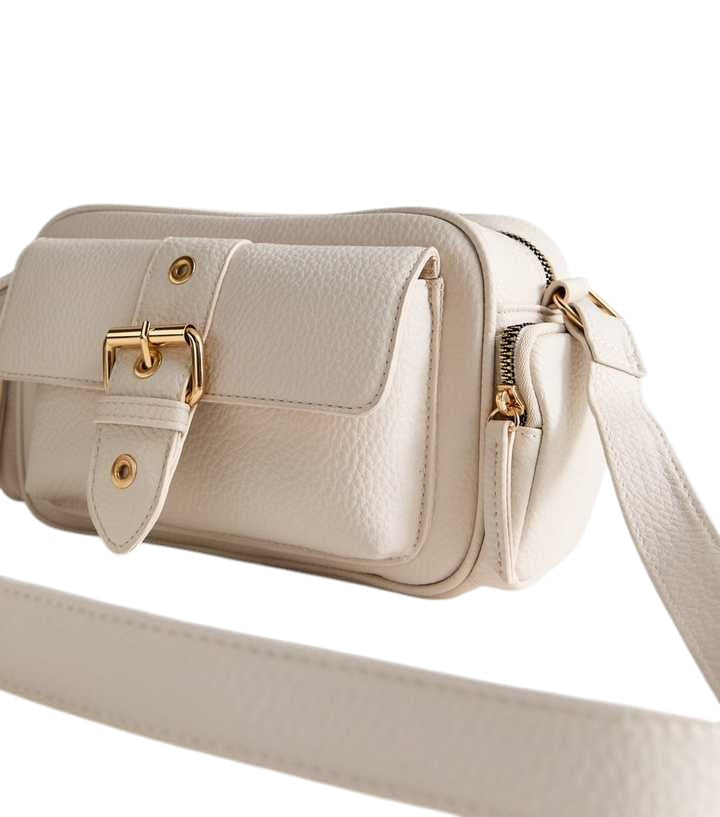 Beige Faux Leather Pocket Detail Crossbody Bag - HANDBAGG STUDIO