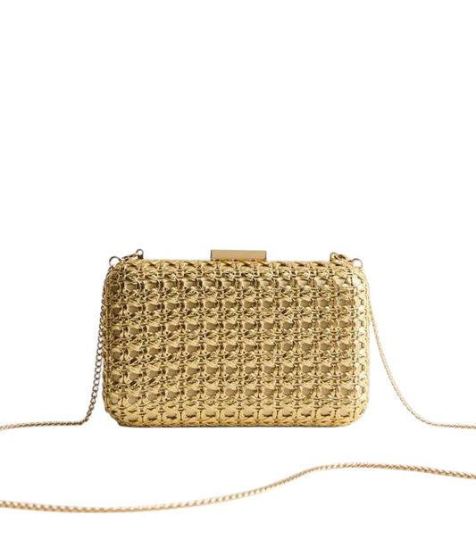 Gold Raffia Look Box Clutch - HANDBAGG STUDIO