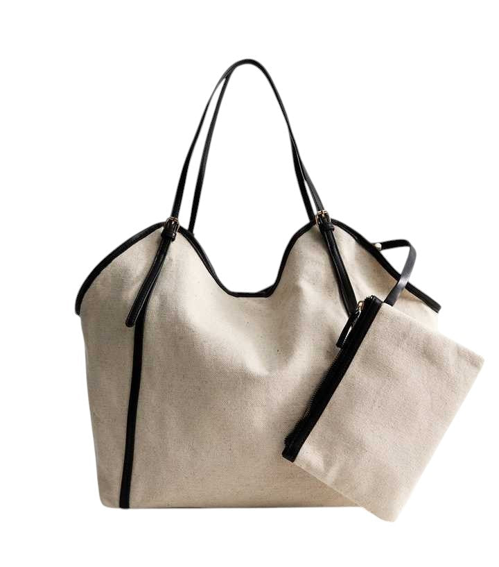 Stone Faux Leather Trim Canvas Tote Bag and Pouch Duo - HANDBAGG STUDIO