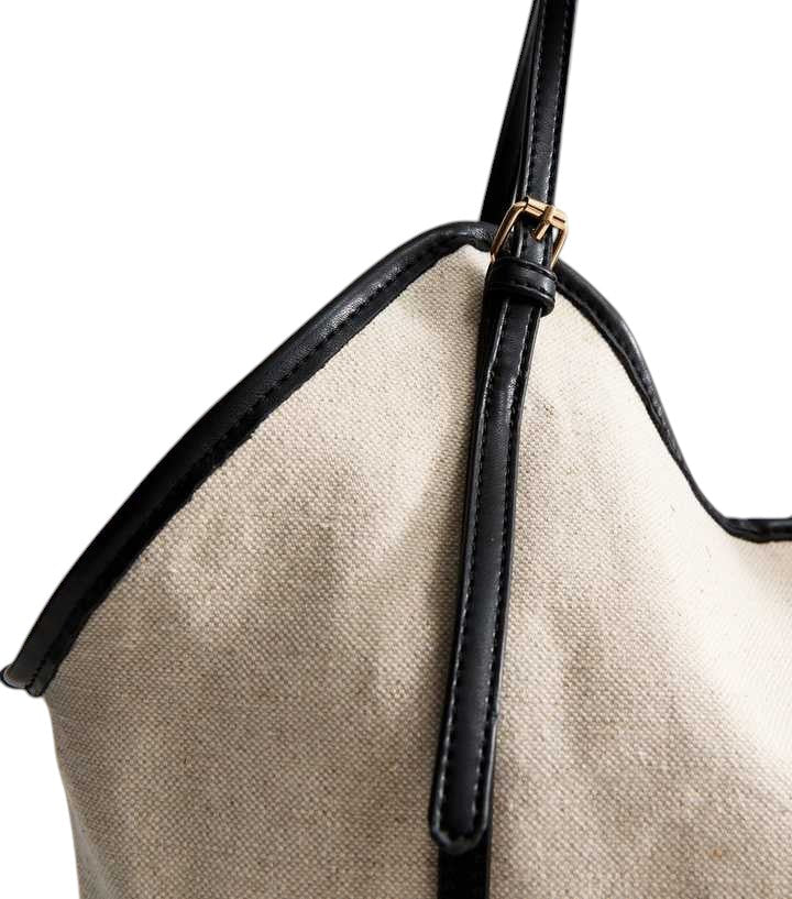 Stone Faux Leather Trim Canvas Tote Bag and Pouch Duo - HANDBAGG STUDIO