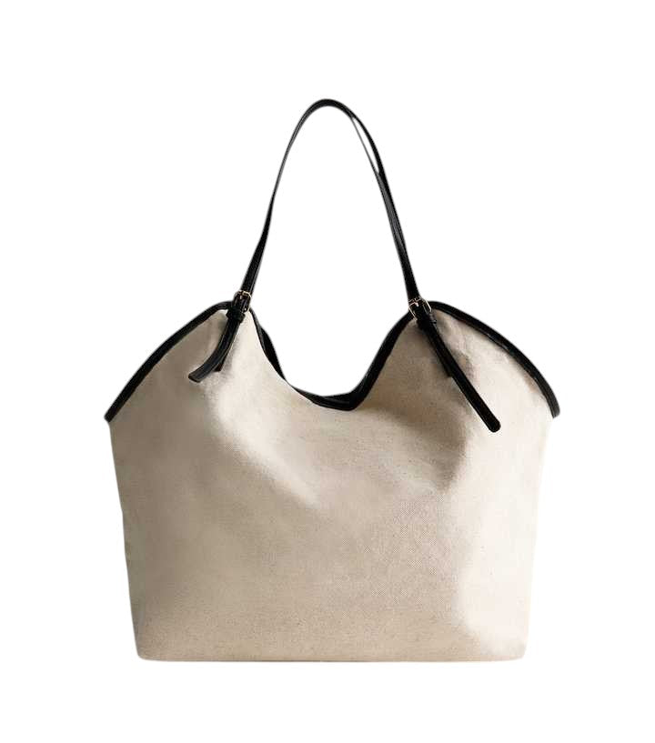 Stone Faux Leather Trim Canvas Tote Bag and Pouch Duo - HANDBAGG STUDIO