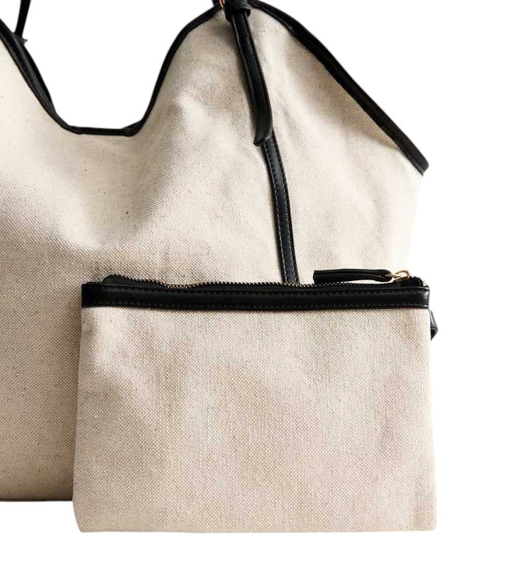 Stone Faux Leather Trim Canvas Tote Bag and Pouch Duo - HANDBAGG STUDIO